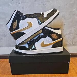 Black and gold Jordan 1 Mid Metallic Gold Patent Black white